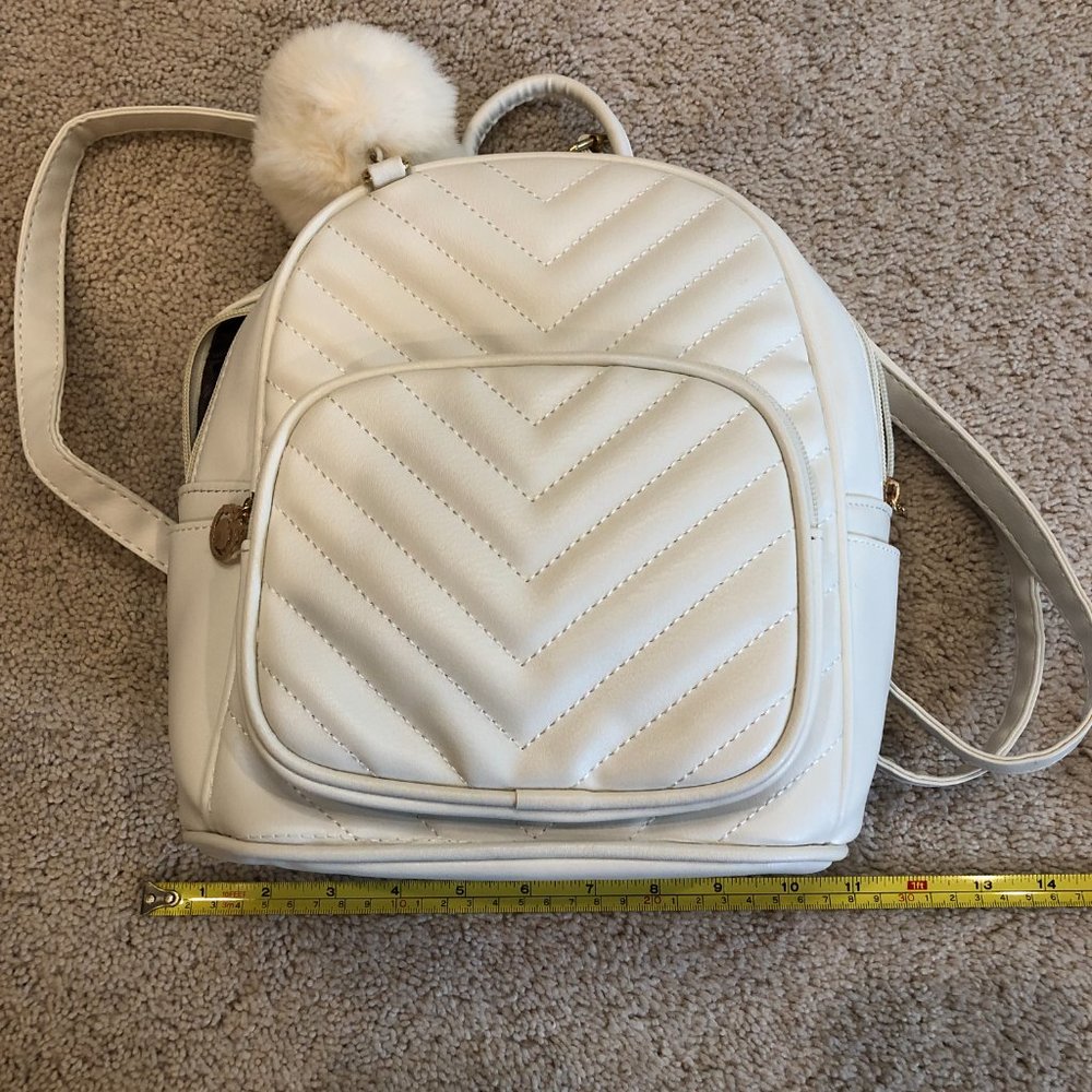 NWOT Mini Backpack Pom Cute Small Backpack Purse Vegan Leather White Cream Bag - Picture 15 of 16
